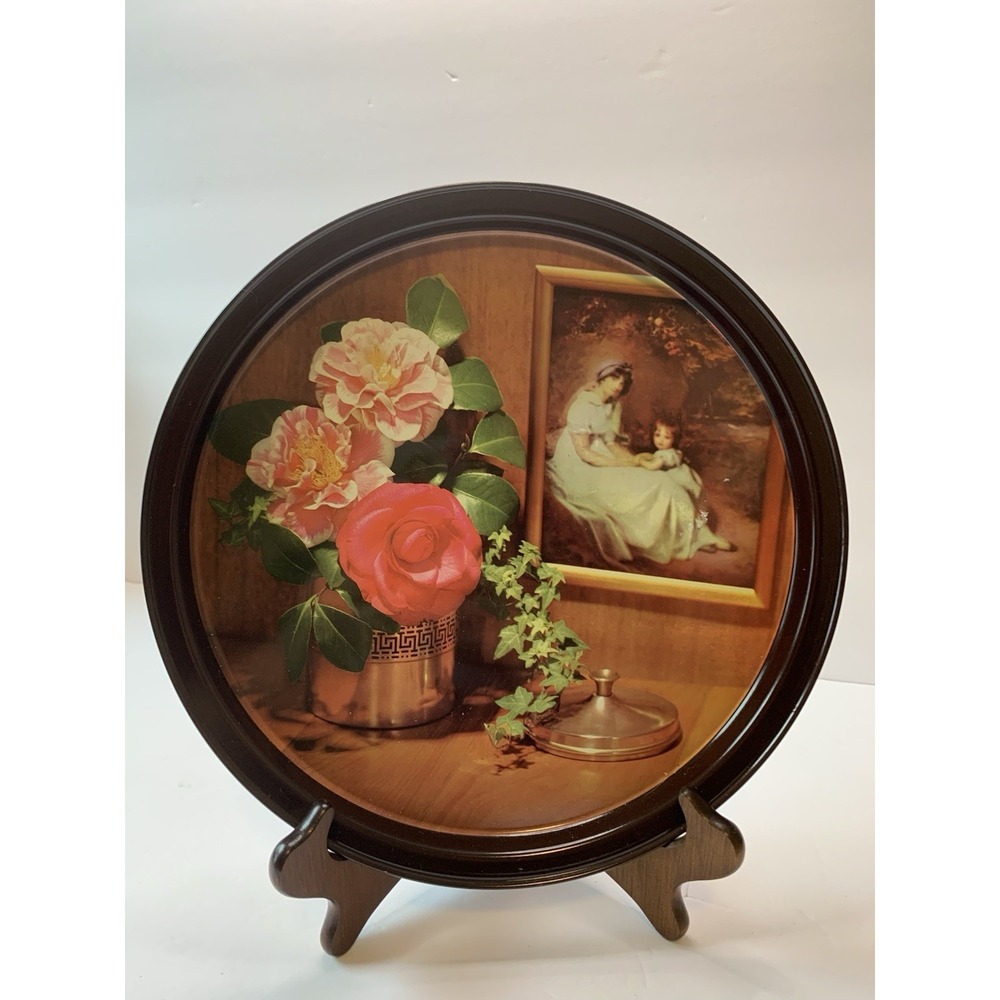 Vintage Round Metal Decorative Tray Floral Still Life Mother Child Art 10.5"